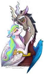 Size: 826x1390 | Tagged: safe, artist:stepandy, character:discord, character:princess celestia, ship:dislestia, eyeshadow, lidded eyes, looking at each other, makeup, male, shipping, straight