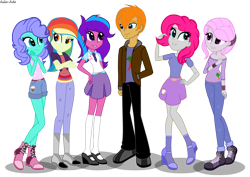 Size: 2708x1921 | Tagged: safe, artist:asika-aida, oc, oc only, oc:beryl (discoshy), oc:chaos control, oc:melody aurora, oc:pepper flake, oc:platinum royale, oc:sunlight dancer, parent:cheese sandwich, parent:discord, parent:flash sentry, parent:fluttershy, parent:pinkie pie, parent:rainbow dash, parent:rarity, parent:soarin', parent:twilight sparkle, parents:canon x oc, parents:cheesepie, parents:discoshy, parents:flashlight, parents:soarindash, my little pony:equestria girls, boots, chaody, clothing, cute, equestria girls-ified, female, group, high heel boots, high heels, hybrid, interspecies offspring, male, mary janes, offspring, pants, pleated skirt, shoes, shorts, skirt, smiling, socks, twins