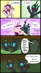 Size: 500x872 | Tagged: safe, artist:haretrinity, character:princess cadance, character:queen chrysalis, species:alicorn, species:changeling, species:pony, ship:cadalis, blushing, caught, changeling queen, comic, door, female, kissing, lesbian, male, mare, roleplaying, shipping, straight, transformation