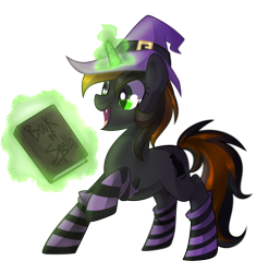 Size: 1400x1492 | Tagged: safe, artist:drawntildawn, oc, oc only, oc:catrina mewale, species:pony, species:unicorn, book, clothing, cute little fangs, fangs, glowing horn, hat, levitation, magic, open mouth, raised hoof, simple background, smiling, socks, solo, striped socks, telekinesis, transparent background, witch hat