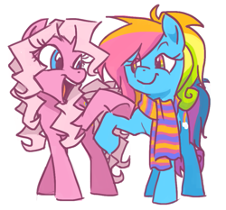 Size: 857x800 | Tagged: safe, artist:needsmoarg4, character:pinkie pie (g3), character:rainbow dash (g3), species:earth pony, species:pegasus, species:pony, g3, clothing, duo, duo female, female, g3 to g4, generation leap, mare, rainbow dash always dresses in style, scarf, simple background, white background