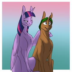 Size: 1000x1000 | Tagged: safe, artist:foxenawolf, character:twilight sparkle, character:twilight sparkle (alicorn), oc, oc:forest breeze, species:alicorn, species:pony, species:unicorn, fanfic:quantum gallop, duo, fanfic, fanfic art, height difference, size difference