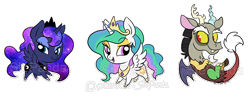 Size: 700x275 | Tagged: safe, artist:stepandy, character:discord, character:princess celestia, character:princess luna, species:alicorn, species:draconequus, species:pony, ship:dislestia, chibi, cloven hooves, crown, cute, cutelestia, discute, fangs, female, jewelry, lidded eyes, looking at you, lunabetes, male, necklace, open mouth, regalia, royal sisters, shipping, signature, simple background, standing, straight, transparent background, trio, watermark