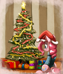 Size: 1185x1393 | Tagged: safe, artist:otakuap, character:pinkie pie, christmas, christmas tree, clothing, decoration, female, hat, ornament, present, santa hat, sitting, solo, stars, sweater, tree