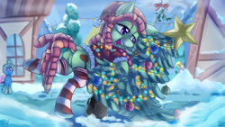 Size: 3000x1688 | Tagged: safe, artist:discorded, artist:pirill, character:derpy hooves, character:tree hugger, species:earth pony, species:pony, christmas, christmas lights, christmas tree, clothing, collaboration, costume, dock, dreadlocks, featureless crotch, frown, hat, hug, leaning, lidded eyes, literal, mistletoe, name pun, open mouth, raised hoof, santa costume, santa hat, scarf, smiling, snow, socks, solo focus, striped socks, tree, tree hugger hugging a tree, treebutt, underhoof, wide eyes, winter
