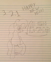 Size: 1579x1929 | Tagged: safe, artist:warrior_stew, character:pinkie pie, amniotic fluid, dialogue, female, hyper, hyper pregnancy, imminent birth, labor, lined paper, pencil drawing, preggy pie, pregnant, solo, speech bubble, traditional art