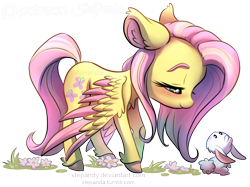 Size: 912x681 | Tagged: safe, artist:stepandy, character:angel bunny, character:fluttershy, cute, duo, looking down, shyabetes, simple background, smiling, transparent background, unshorn fetlocks, watermark