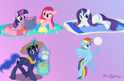 Size: 1007x662 | Tagged: safe, artist:brianblackberry, character:pinkie pie, character:princess luna, character:rarity, character:twilight sparkle, beach, beach ball, clothing, hat, inflatable, lei, volleyball