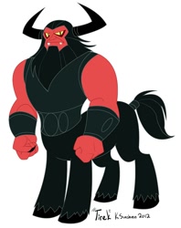 Size: 528x668 | Tagged: safe, artist:peachiekeenie, character:lord tirek, species:centaur, g1, antagonist, armor, claws, evil, fangs, g1 to g4, generation leap, hilarious in hindsight, horns, looking at you, male, ponytaur, redesign, shackles, signature, solo, taur, tirac, yellow eyes