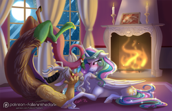 Size: 1625x1050 | Tagged: safe, artist:falleninthedark, character:discord, character:princess celestia, species:alicorn, species:draconequus, species:pony, ship:dislestia, blushing, candle, carpet, eye contact, fire, fireplace, looking at each other, male, moon, night, patreon, patreon logo, photo, preglestia, pregnant, shipping, smiling, straight, unshorn fetlocks, window