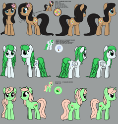 Size: 2300x2414 | Tagged: safe, artist:nimaru, oc, oc only, oc:luau, oc:rose petal, oc:winter willow, species:earth pony, species:pegasus, species:pony, species:unicorn, female, gray background, mare, reference sheet, simple background, smiling