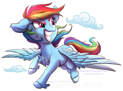 Size: 1085x804 | Tagged: safe, artist:stepandy, character:rainbow dash, cloud, cute, dashabetes, female, flying, simple background, smiling, solo, spread wings, transparent background, unshorn fetlocks, watermark, wings
