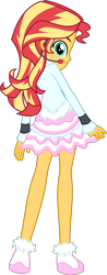 Size: 2003x5124 | Tagged: safe, artist:osipush, part of a set, character:sunset shimmer, my little pony:equestria girls, absurd resolution, clothing, commission, cute, dress, female, frilly dress, headset, legs, looking at you, looking back, microphone, rear view, shimmerbetes, shoes, simple background, skirt, smiling, solo, transparent background, vector, winter outfit