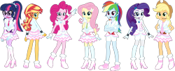 Size: 5052x2066 | Tagged: safe, artist:osipush, character:applejack, character:fluttershy, character:pinkie pie, character:rainbow dash, character:rarity, character:sunset shimmer, character:twilight sparkle, character:twilight sparkle (scitwi), species:eqg human, my little pony:equestria girls, absurd resolution, boots, clothing, commission, cute, dress, frilly dress, headset, high heel boots, high heels, humane five, humane seven, humane six, looking at you, looking back, mane six, microphone, shoes, simple background, smiling, transparent background, vector, winter outfit