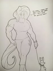 Size: 3024x4032 | Tagged: safe, artist:zacharyisaacs, character:angel bunny, character:fluttershy, species:anthro, species:rabbit, /mlp/, absurd resolution, animal, monochrome, muscles, muscleshy, tight clothing