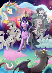 Size: 1200x1675 | Tagged: safe, artist:stepandy, character:applejack, character:discord, character:fluttershy, character:pinkie pie, character:princess celestia, character:rainbow dash, character:rarity, character:twilight sparkle, character:twilight sparkle (unicorn), species:classical unicorn, species:draconequus, species:earth pony, species:pegasus, species:pony, species:unicorn, comic:mark of chaos, episode:the return of harmony, g4, my little pony: friendship is magic, big crown thingy, clothing, cloud, cloven hooves, cotton candy, cotton candy cloud, cowboy hat, crying, discorded, discorded twilight, eyes closed, eyeshadow, fangs, female, flutterbitch, food, greedity, hat, jewelry, leonine tail, liarjack, makeup, male, mane six, mare, meanie pie, open mouth, questionable series, rainbow ditch, regalia, sad, sadlestia, smiling, stetson, unshorn fetlocks