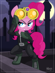 Size: 1735x2313 | Tagged: safe, artist:killryde, character:pinkie pie, species:pony, episode:pinkie spy, g4, my little pony: equestria girls, bipedal, catsuit, female, goggles, moon, rooftop, solo, tower