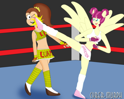 Size: 2408x1924 | Tagged: safe, artist:cyber-murph, character:majorette, character:sweeten sour, equestria girls:friendship games, g4, my little pony: equestria girls, my little pony:equestria girls, belly button, clothing, commission, crossover, exeron fighters, exeron gloves, fight, fighting stance, kicking, luan loud, majorette, midriff, ponied up, quality, shoes, skirt, skirt lift, socks, sports bra, sweeten kick, sweeten sour, the loud house
