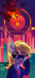 Size: 2245x4925 | Tagged: safe, artist:share dast, character:derpy hooves, species:pegasus, species:pony, absurd resolution, building, city, clothing, color porn, derpfest, epic derpy, explosion, female, jacket, looking at you, mare, raised hoof, smiling, solo, stars, sunglasses