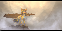 Size: 4000x2000 | Tagged: safe, artist:nightskrill, oc, oc only, oc:daniel dasher, species:dracony, species:pegasus, species:pony, armor, commission, gift art, hybrid, looking at you, male, mist, mountain, multicolored hair, royal guard, serious, serious face, slit eyes, solo, spread wings, stallion, wings
