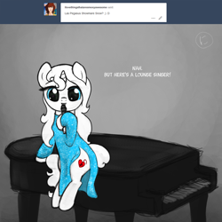 Size: 2000x2000 | Tagged: safe, artist:nimaru, oc, oc only, oc:heartsong, species:pony, species:unicorn, clothing, dress, female, high res, mare, microphone, monochrome, neo noir, partial color, piano, solo