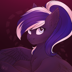 Size: 900x900 | Tagged: safe, artist:nightskrill, oc, oc only, species:pegasus, species:pony, commission, ear fluff, female, looking at you, mare, multicolored hair, ponytail, simple background, solo, spread wings, wings