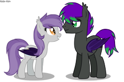 Size: 4697x3093 | Tagged: safe, artist:asika-aida, oc, oc only, oc:midnight player, oc:nighty dream, species:bat pony, species:pony, absurd resolution, art trade, couple, cute, female, looking at each other, male, mare, oc x oc, shipping, simple background, smiling, stallion, straight, transparent background