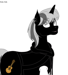 Size: 774x857 | Tagged: safe, artist:asika-aida, oc, oc only, oc:bass, species:pony, species:unicorn, clothing, commission, ear piercing, grey hair, looking back, male, piercing, simple background, smiling, solo, stallion, transparent background
