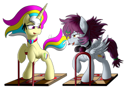 Size: 4960x3507 | Tagged: safe, artist:cafecomponeis, oc, oc only, oc:aerial soundwaves, oc:trinity deblanc, species:pegasus, species:pony, species:unicorn, absurd resolution, dance dance revolution, dancing, ear piercing, earring, game, headphones, jewelry, multicolored hair, necklace, piercing, rhythm game, simple background, stepmania, transparent background, trotmania