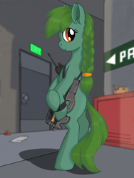 Size: 1536x2048 | Tagged: safe, artist:negasun, oc, oc only, oc:lonely day, species:earth pony, species:pony, fanfic:the last pony on earth, bipedal, braid, door, female, gun, happy, hoof hold, hooves, looking back, mare, p90, ponies after people, rifle, solo, submachinegun, weapon