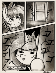 Size: 1432x1863 | Tagged: safe, artist:otakuap, oc, oc only, species:pony, species:unicorn, comic, cute, door, female, jojo's bizarre adventure, mare, menacing, monochrome, silly, silly face, silly pony, to be continued, tongue out, ゴ ゴ ゴ