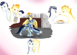 Size: 2370x1689 | Tagged: safe, artist:testostepone, character:soarin', character:spitfire, species:pony, ship:soarinfire, clothing, collage, food, male, painting, pasta, shipping, sketch, spaghetti, spaghetti scene, straight, uniform, wing-ups, wonderbolts uniform