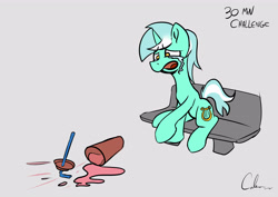 Size: 4960x3507 | Tagged: safe, artist:cafecomponeis, character:lyra heartstrings, species:pony, species:unicorn, 30 minute art challenge, absurd resolution, bench, crying, cup, drink, female, gray background, horse problems, milkshake, open mouth, raised hoof, sad, simple background, sitting, solo, spill, spilled drink, splash