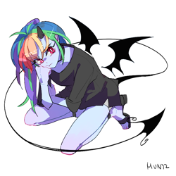 Size: 708x708 | Tagged: safe, artist:dusty-munji, character:rainbow dash, my little pony:equestria girls, bat wings, female, horns, solo