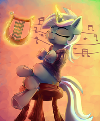 Size: 1657x2000 | Tagged: safe, artist:discorded, character:lyra heartstrings, species:pony, species:unicorn, fanfic:background pony, clothing, crossed legs, dig the swell hoodie, eyes closed, female, glowing horn, hoodie, lyre, magic, mare, music, music notes, sitting, sitting lyra, smiling, solo, stool, sweater, telekinesis, underhoof, unshorn fetlocks