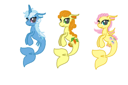 Size: 896x600 | Tagged: safe, artist:starryoak, character:carrot top, character:fluttershy, character:golden harvest, character:trixie, merpony, simple background, species swap, transparent background