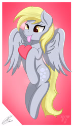 Size: 2222x3850 | Tagged: safe, artist:nexcoyotlgt, character:derpy hooves, species:pegasus, species:pony, cute, derpabetes, female, heart, mare, signature, simple background, solo, tongue out, valentine's day