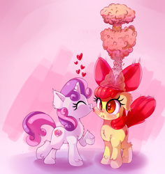Size: 2000x2116 | Tagged: safe, artist:discorded, character:apple bloom, character:sweetie belle, ship:sweetiebloom, applebomb, blushing, cute, eyes closed, female, floppy ears, fluffy, heart, lesbian, licking, mind blown, mushroom cloud, raised hoof, shipping, smiling, tongue out
