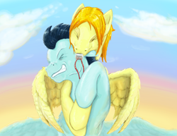Size: 2000x1544 | Tagged: safe, artist:testostepone, character:soarin', character:spitfire, species:pony, ship:soarinfire, episode:hearts and hooves day, g4, my little pony: friendship is magic, alternate hairstyle, female, male, misleading thumbnail, painting, shipping, straight, that pony sure does love whistles, this will end in deafness, whistle
