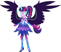 Size: 6121x5218 | Tagged: safe, artist:osipush, character:midnight sparkle, character:twilight sparkle, character:twilight sparkle (scitwi), species:eqg human, equestria girls:legend of everfree, g4, my little pony: equestria girls, my little pony:equestria girls, absurd resolution, alternate universe, boots, commission, corrupted, female, glowing horn, high heel boots, midnight sparkle, ponied up, ponytail, simple background, solo, sparkles, spread wings, super ponied up, transparent background, vector, wings