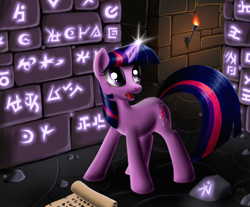 Size: 1300x1074 | Tagged: safe, artist:sirzi, character:twilight sparkle, female, glowing horn, looking up, magic, open mouth, ruins, runes, runes in ruins, scroll, solo, torch