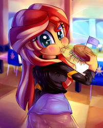 Size: 1606x2000 | Tagged: safe, artist:discorded, character:sunset shimmer, my little pony:equestria girls, ass, blushing, bunset shimmer, burger, cafeteria, canterlot high, clothing, cute, eating, female, food, hay, hay burger, herbivore, homesick shimmer, humans doing horse things, jacket, looking at you, looking back, looking back at you, restaurant, shimmerbetes, skirt, solo, sunset wants her old digestive system back