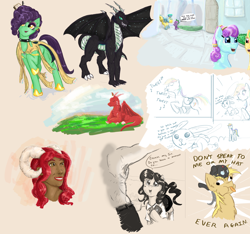 Size: 3000x2804 | Tagged: safe, alternate version, artist:testostepone, character:angel bunny, character:queen chrysalis, character:rainbow dash, character:sapphire joy, character:spike, oc, oc:nikita, oc:seaside sausage, satyr, species:changeling, species:dragon, species:human, angel is a bunny bastard, armor, colored sketch, comic, crystal guard, crystal guard armor, dialogue, mormons, painting, sketch, sketch dump, vulgar, whistle
