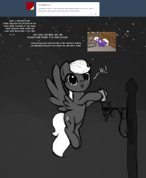 Size: 1247x1515 | Tagged: safe, artist:nimaru, oc, oc only, unnamed oc, species:pegasus, species:pony, ask, candle, female, flying, lamppost, mare, monochrome, night, solo, stars, tumblr