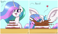 Size: 4120x2401 | Tagged: safe, artist:nexcoyotlgt, character:princess celestia, species:alicorn, species:pony, absurd resolution, cake, cakelestia, cheek fluff, comic, cute, cutelestia, ear fluff, eating, eyes on the prize, faceplant, female, fluffy, food, happy, heart, majestic as fuck, messy eating, nom, offscreen character, open mouth, sillestia, silly, smiling, solo, spread wings, wings