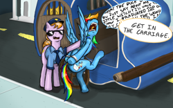 Size: 1456x911 | Tagged: safe, artist:testostepone, character:copper top, character:rainbow dash, arm behind back, arrested, carriage, colored sketch, copypasta, cuffs, dialogue, meme, navy seal copypasta, police, shackles