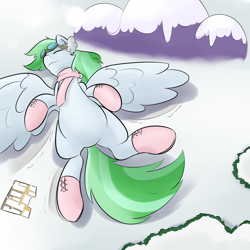 Size: 2500x2500 | Tagged: safe, artist:mrrowboat, oc, oc only, oc:spearmint, species:pegasus, species:pony, clothing, commission, eyes closed, female, giant pegasus, giant pony, macro, mare, playing, scarf, snow, solo