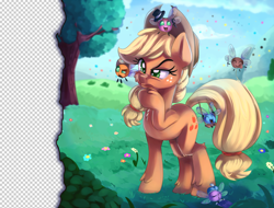Size: 2000x1518 | Tagged: safe, artist:discorded, character:applejack, species:pony, breaking the fourth wall, clothing, confused, cowboy hat, cute, eyes closed, freckles, grass, hat, parasprite, puzzled, raised hoof, sleeping, smiling, stetson, swing, swinging, thinking, tree