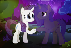 Size: 4331x2958 | Tagged: safe, artist:asika-aida, character:rarity, oc, oc:nico stygian, species:pony, species:unicorn, absurd resolution, canon x oc, female, flower, looking at each other, male, night, raised hoof, requested art, scenery, shipping, smiling, stallion, stars, straight, tree