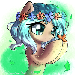 Size: 2000x2000 | Tagged: safe, artist:chaosangeldesu, oc, oc only, species:earth pony, species:pony, butterfly, female, floral head wreath, flower, hippie, mare, solo